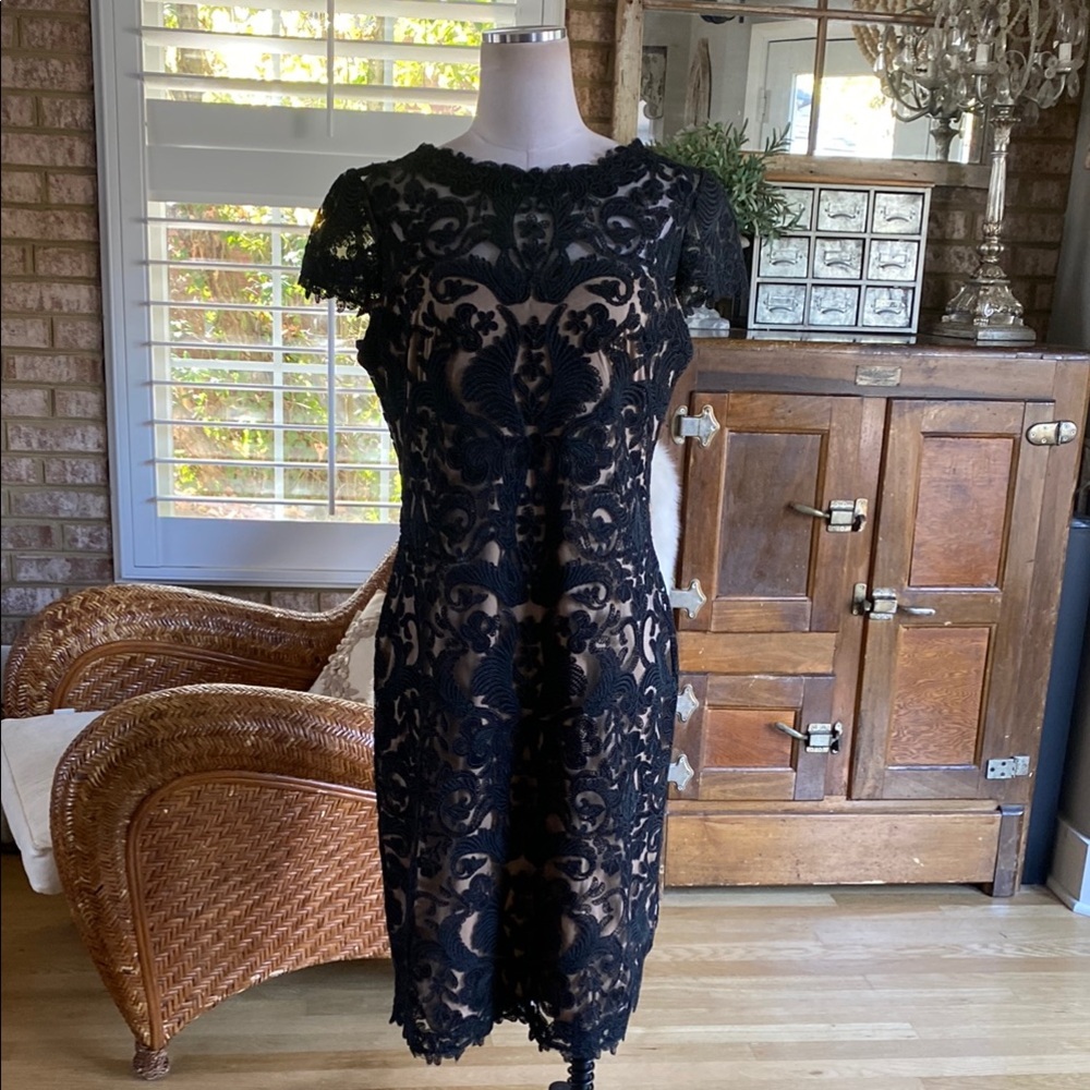 TADASHI SHOJI BLACK CORDED EMBROIDERY ON TULLE CAP SLEEVE SHEATH DRES SZ 12